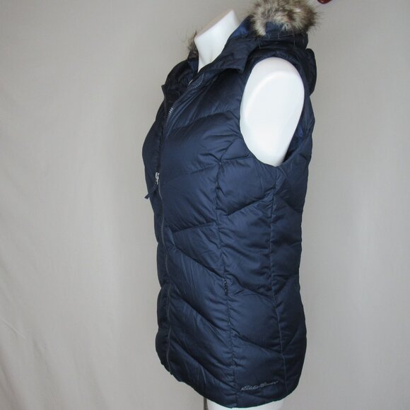 Eddie Bauer Blue Goose Down Hooded Puffer Vest Faux Fur Trim  Women's S Small - Picture 2 of 9